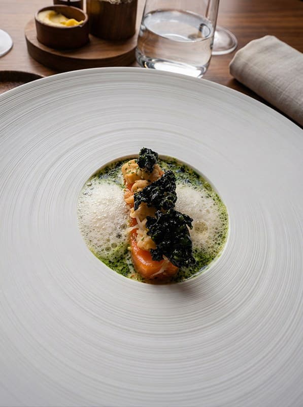 Langoustine, herb velouté: the original photo next to the studio version