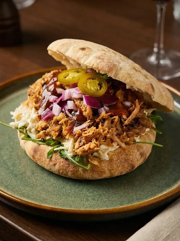 Pulled chicken pita: the original photo next to the studio version